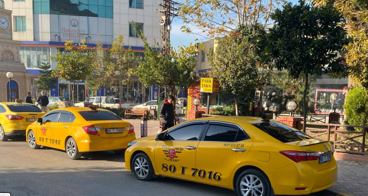 Park önünde sarı taksi araçları